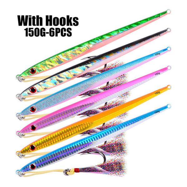 6pcs Lead Fish 150g Fishing Lure 6 color Fishing Bait with Hook and Feather 20cm-7.87" Casting Lure Deep Sea Jig Fishing Tackle