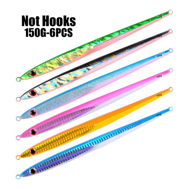 6pcs Lead Fish 150g Fishing Lure 6 color Fishing Bait with Hook and Feather 20cm-7.87" Casting Lure Deep Sea Jig Fishing Tackle