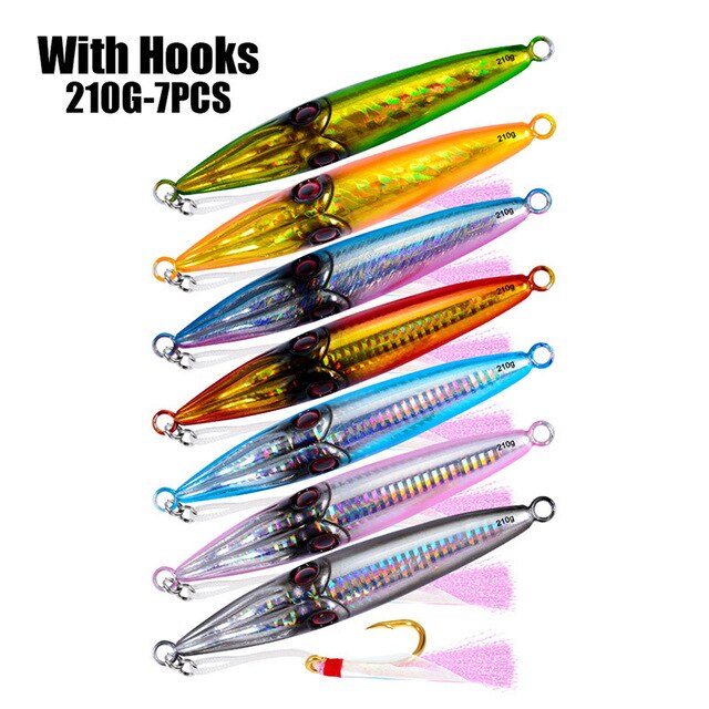 7PC Metal Lure Fishing Bait 210G Lead Fish Metal Jig Fishing Lure with Hook Scale Fishing Lure Artificial Hard Bait Jigging Lure
