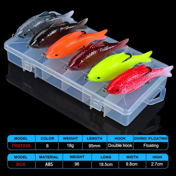 Proberos 6PC 3D Eyes Silicone JIG 18g-0.63oz/9.5cm-3.74" Double Hook Whopper Soft Bait Fishing Lure With Trackle Box