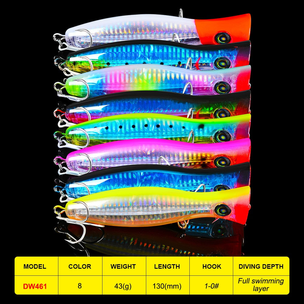 8pc/Lot Proberos Fishing lure 1.52oz-43g Big Popper Lure with 1/0# Hooks 8 Color Fishing Bait 13cm-5.12" Big Hard Bait Set