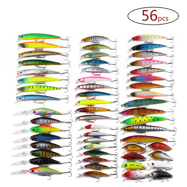 53PCS / 56PCS Hard Fishing Bait Set Topwater Fishing Lure Minnow Crankbait Fishing Bait with Triple Hook Bass Walleye Perch Lure