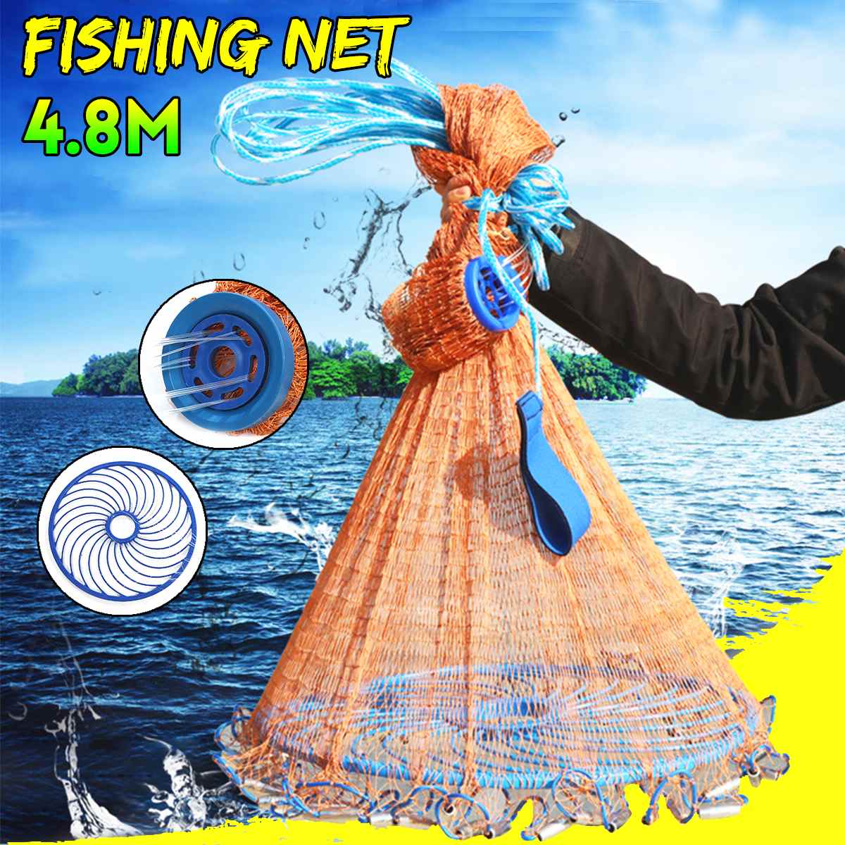 Fishing Net 4.8M Hand Easy Throw Manual Fishing Net Fly USA Hand Cast Spin Bait Casting With Sinker Fishing Accessories Tools