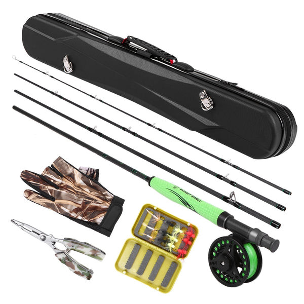 LIXADA Portable Fly Fishing Rod and Reel Combo Lightweight Carbon Fiber Fly Rod Pole Fishing Gloves Pliers Flies with Carry Case