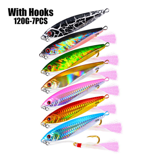 7PC Jigging Lead Fish 120G/11CM Metal Jig Fishing Lure with Hooks 6 Colors Paillette Knife Wobbler Artificial Hard Bait