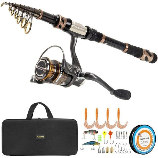 PLUSINNO Fishing Rod and Reel Combos - Carbon Fiber Telescopic Fishing Pole - Spinning Reel 12 +1 Shielded Bearings Stainless